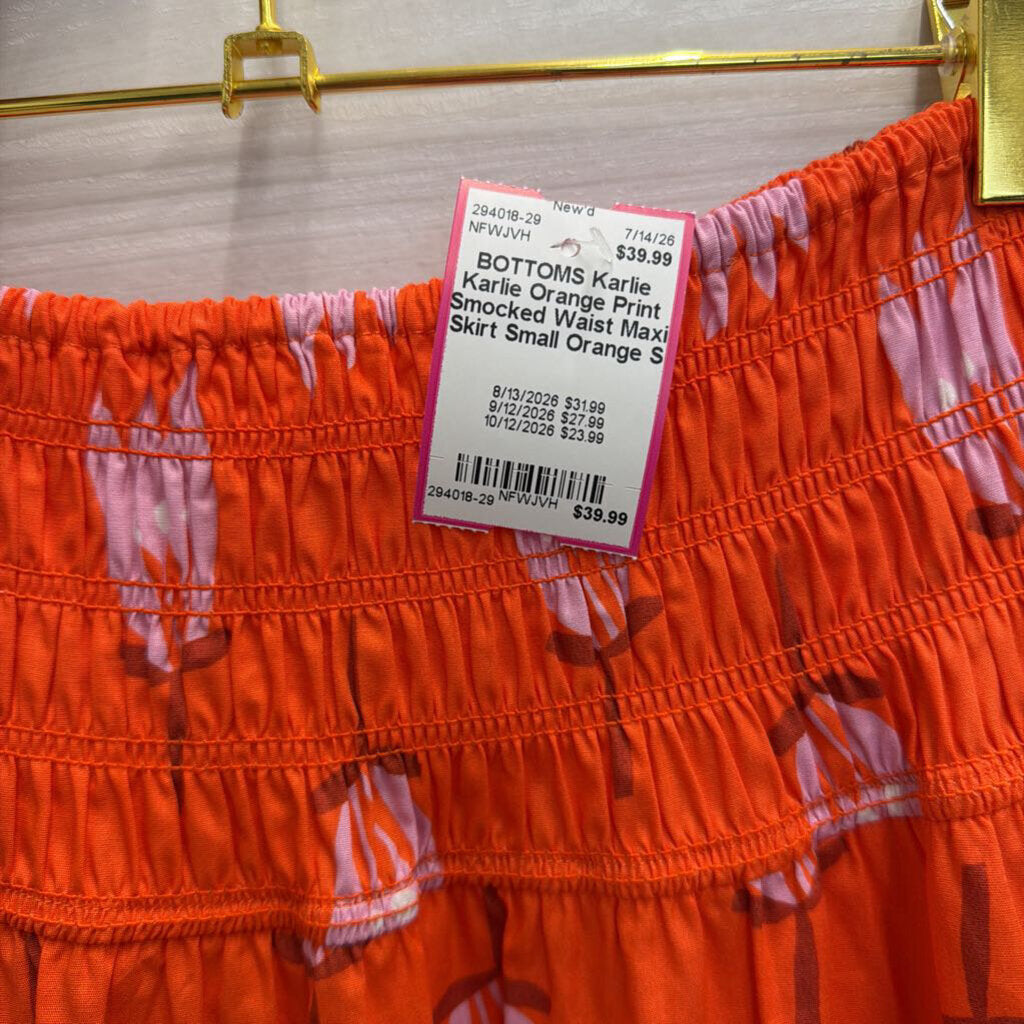 Karlie Orange Print Smocked Waist Maxi Skirt Small