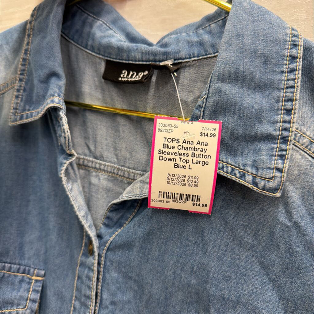 Ana Blue Chambray Sleeveless Button Down Top Large