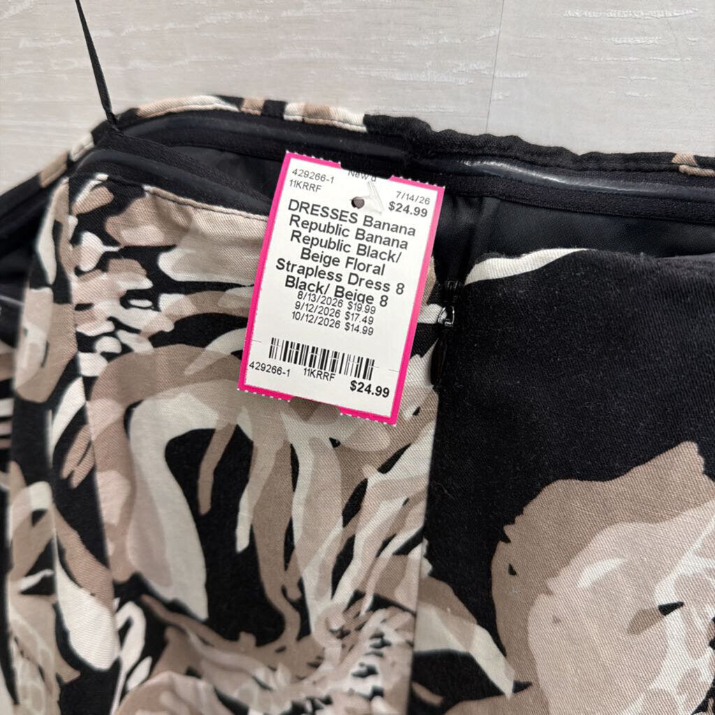 Banana Republic Black/ Beige Floral Strapless Dress 8