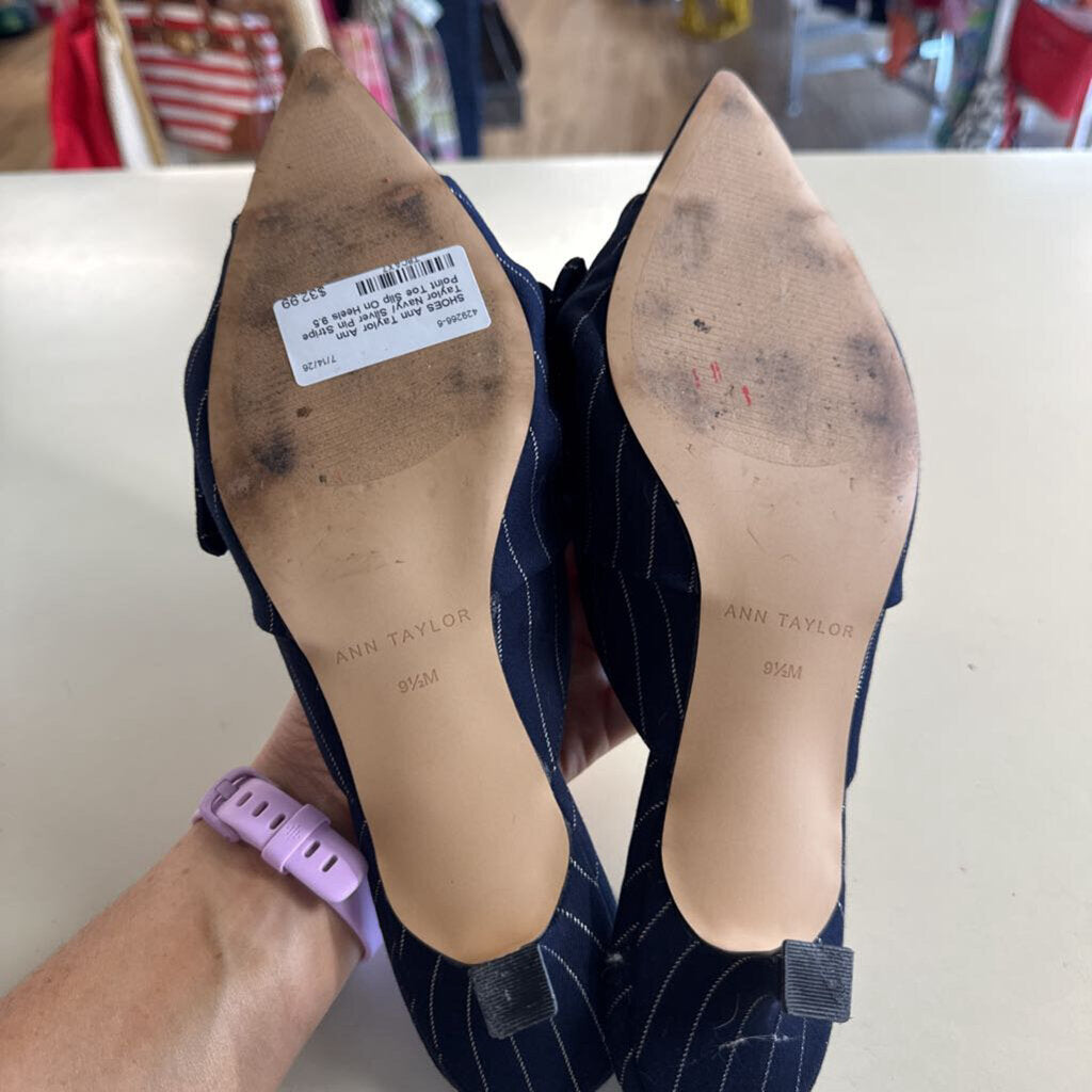 Ann Taylor Navy/ Silver Pin Stripe Point Toe Slip On Heels 9.5