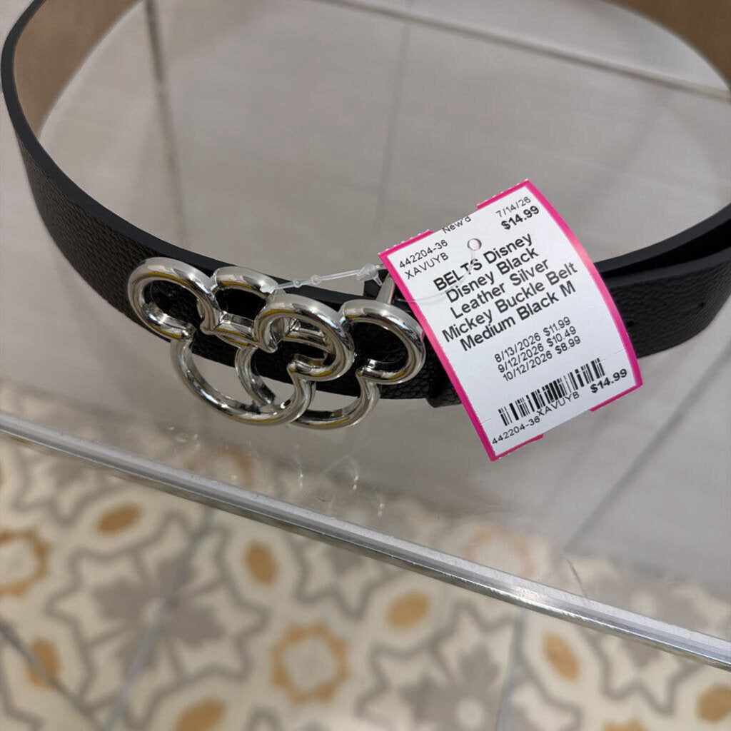 Disney Black Leather Silver Mickey Buckle Belt Medium