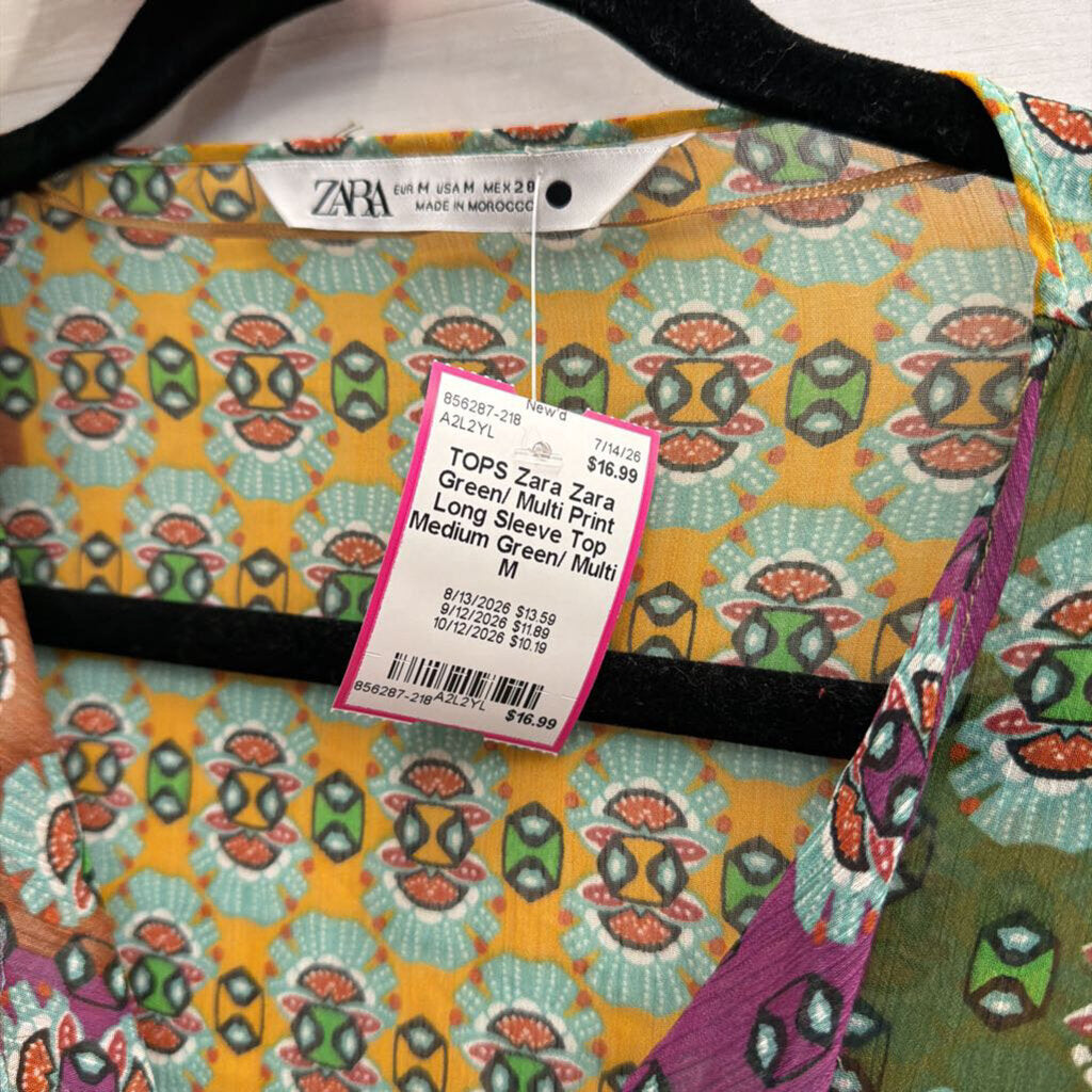 Zara Green/ Multi Print Long Sleeve Top Medium