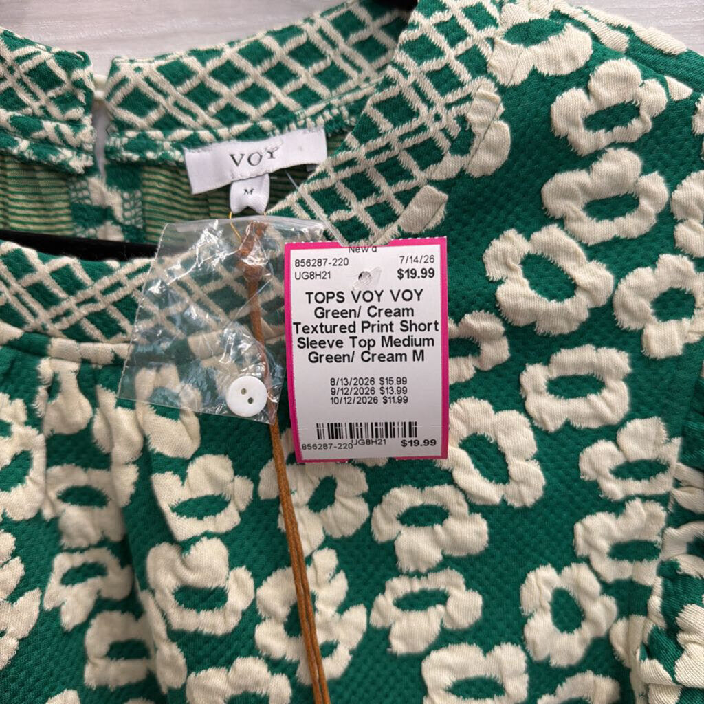 VOY Green/ Cream Textured Print Short Sleeve Top Medium