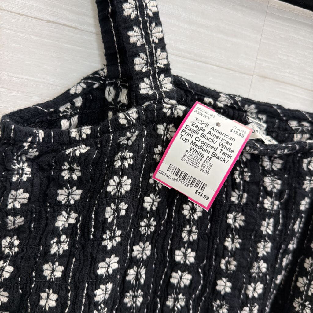 American Eagle Black/ White Print Cropped Tank Top Medium