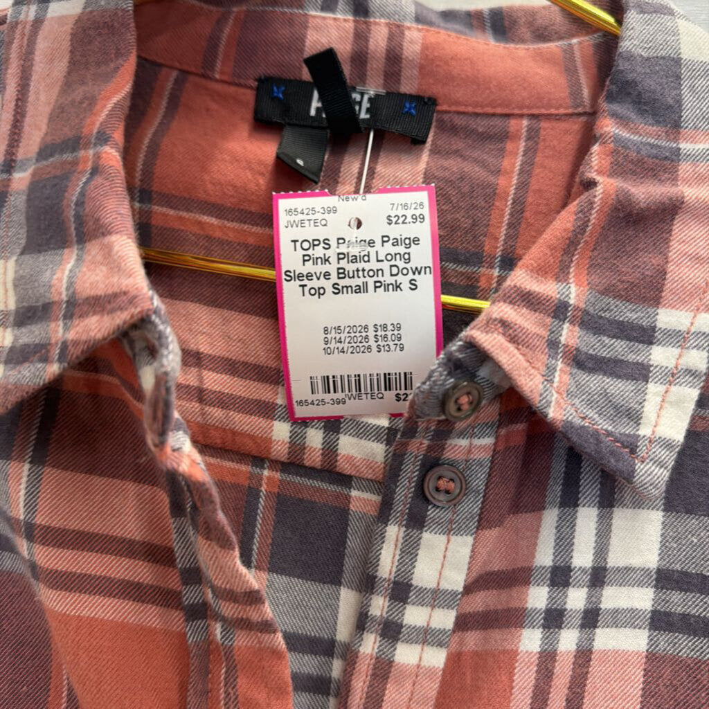 Paige Pink Plaid Long Sleeve Button Down Top Small