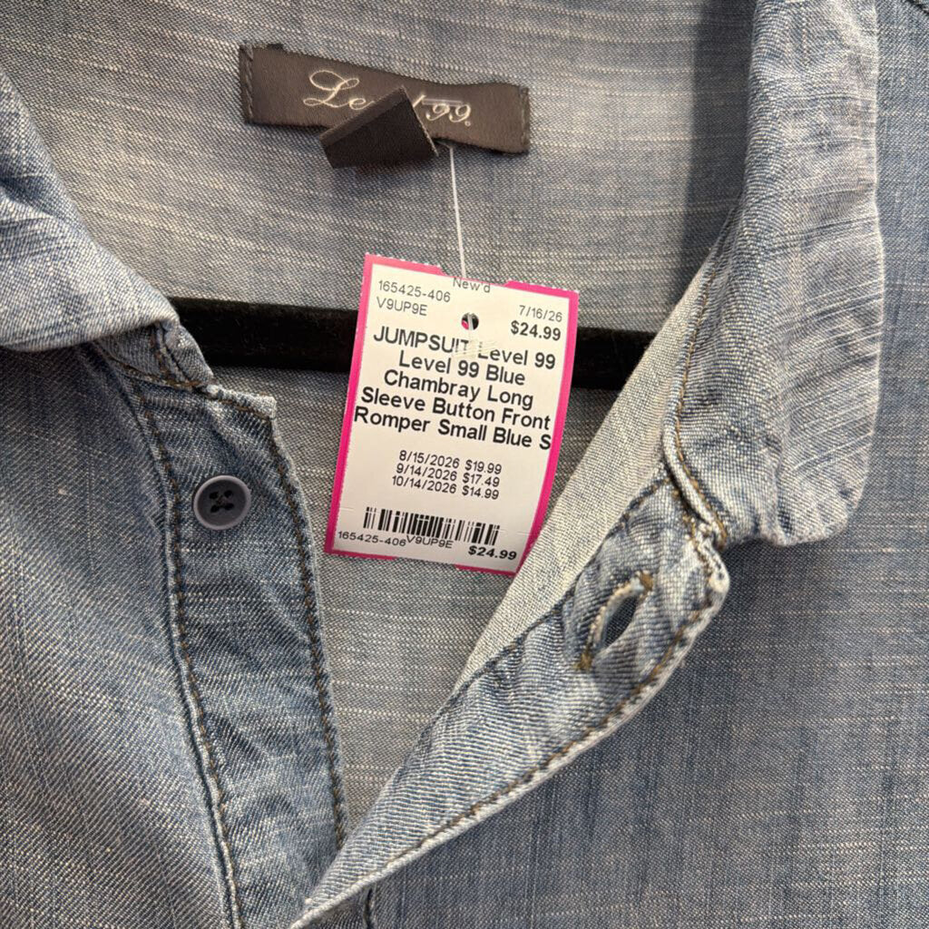 Level 99 Blue Chambray Long Sleeve Button Front Romper Small