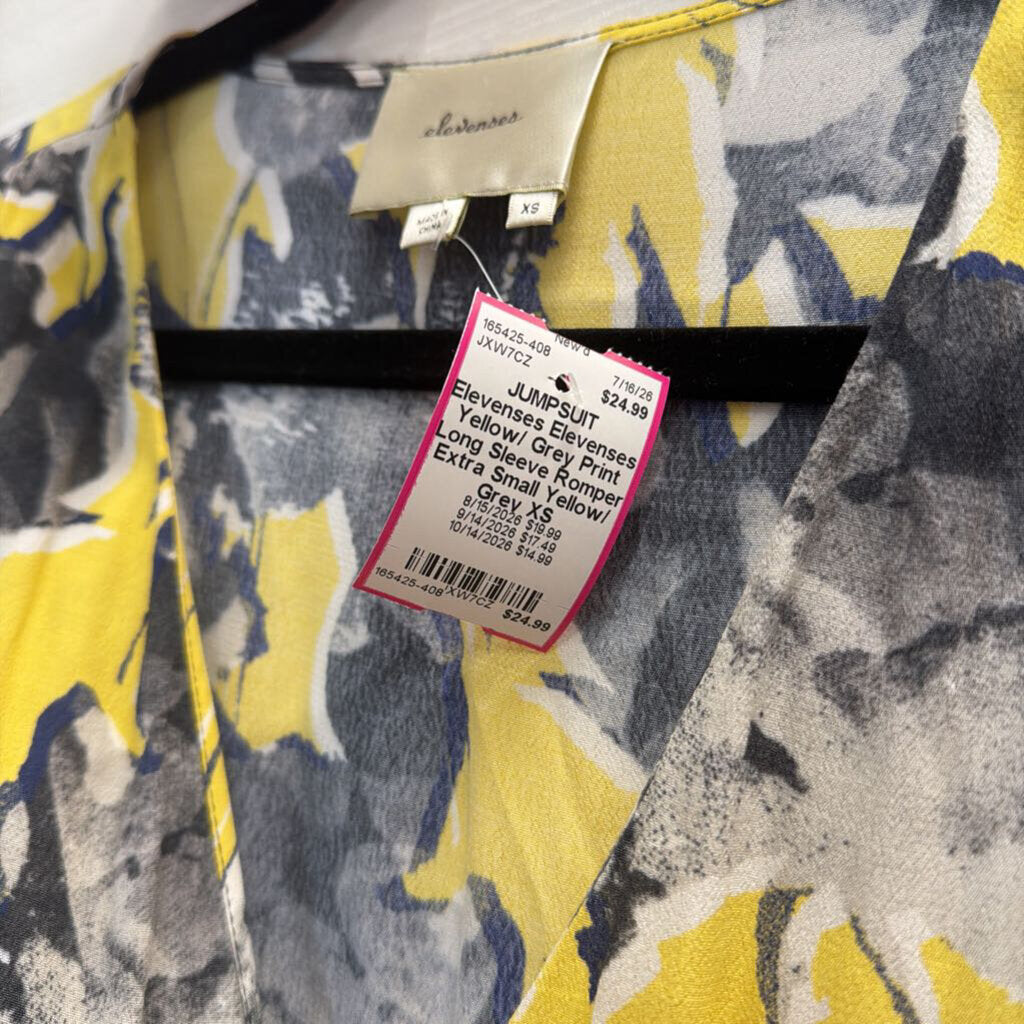 Elevenses Yellow/ Grey Print Long Sleeve Romper Extra Small