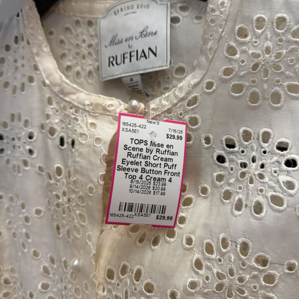 Ruffian Cream Eyelet Short Puff Sleeve Button Front Top 4