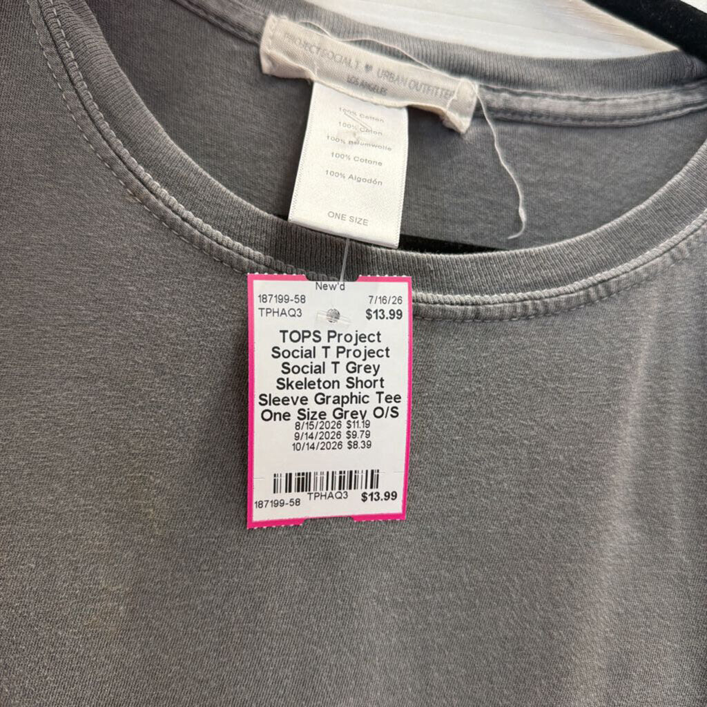 Project Social T Grey Skeleton Short Sleeve Graphic Tee One Size