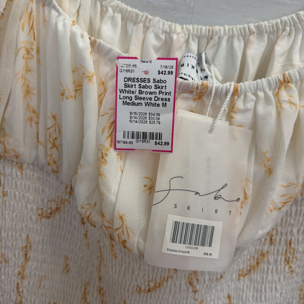 Sabo Skirt White/ Brown Print Long Sleeve Dress Medium