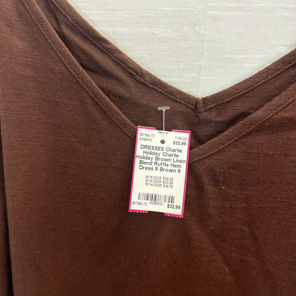 Charlie Holiday Brown Linen Blend Ruffle Hem Dress 8