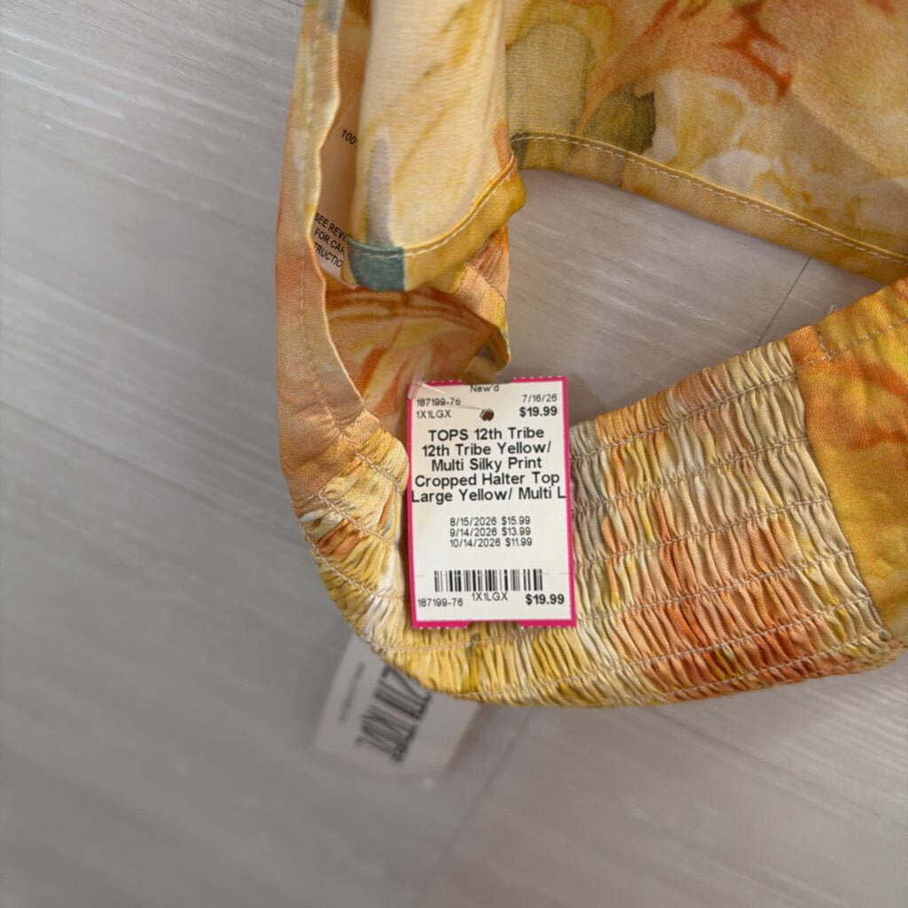 12th Tribe Yellow/ Multi Silky Print Cropped Halter Top Large