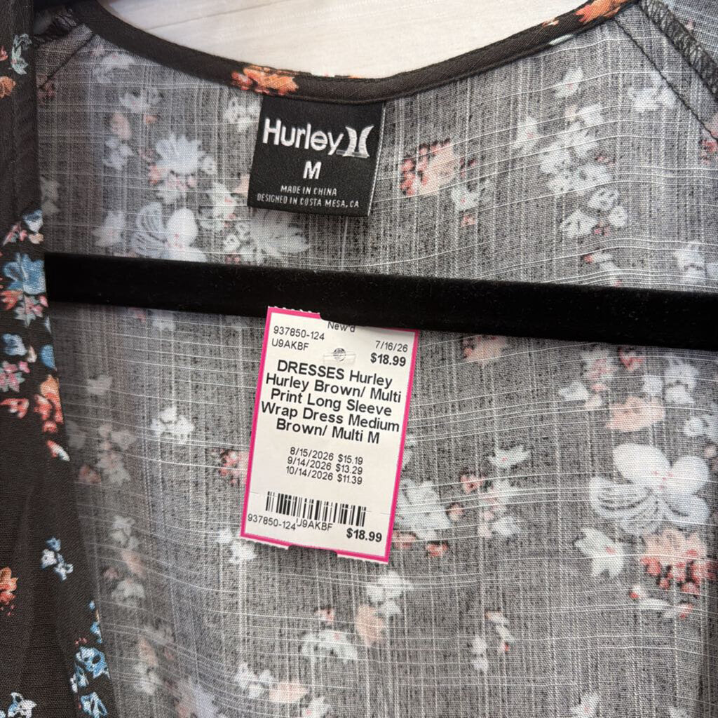 Hurley Brown/ Multi Print Long Sleeve Wrap Dress Medium
