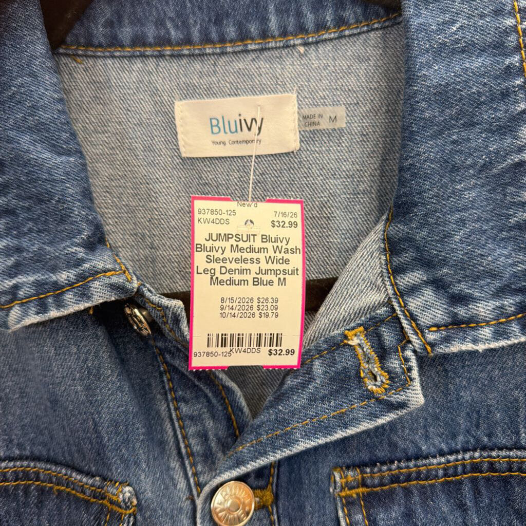 Bluivy Medium Wash Sleeveless Wide Leg Denim Jumpsuit Medium