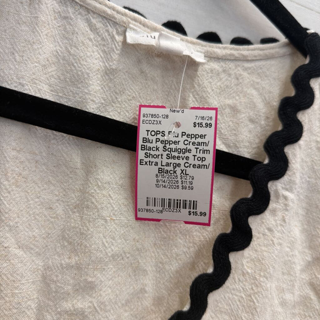 Blu Pepper Cream/ Black Squiggle Trim Short Sleeve Top Extra Large