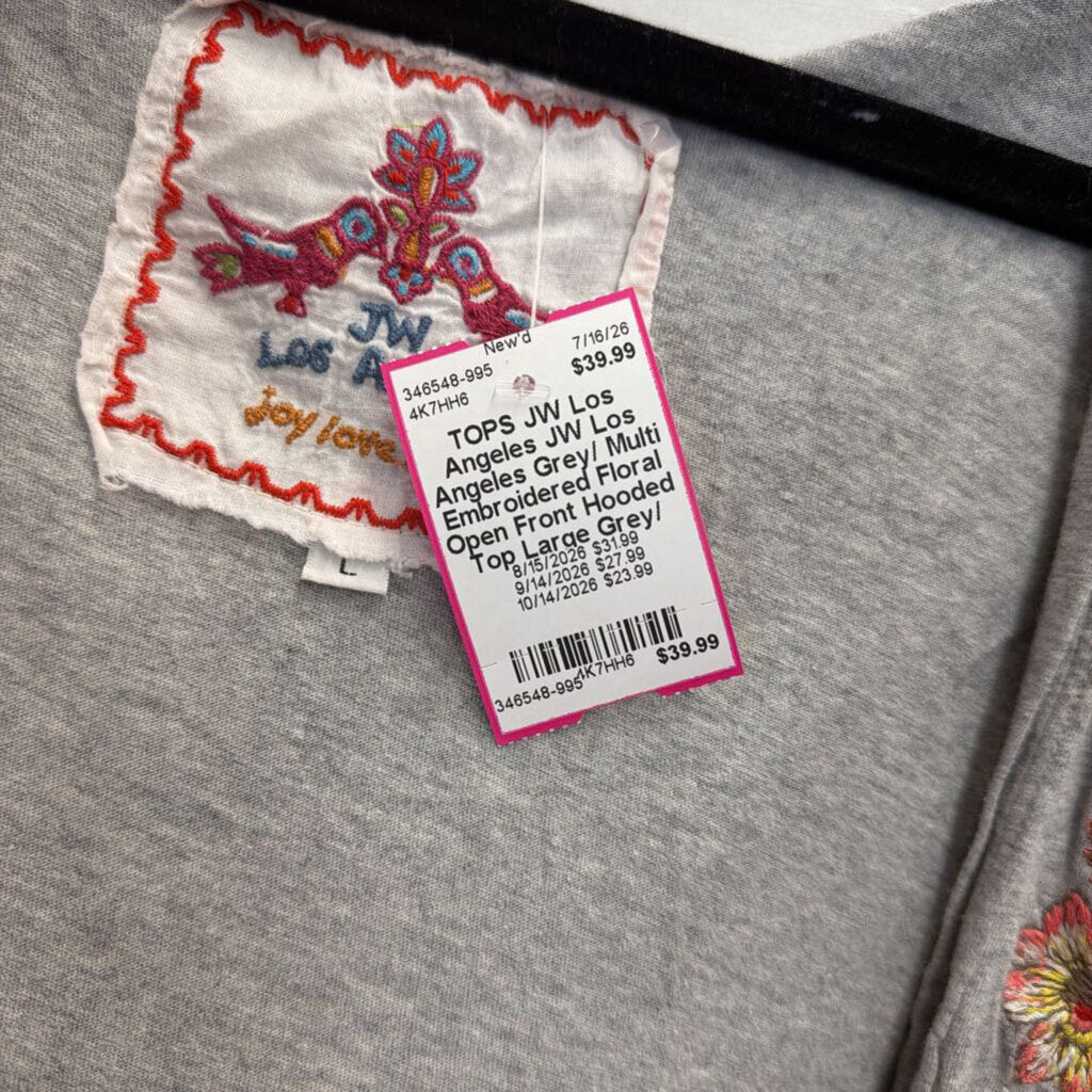 JW Los Angeles Grey/ Multi Embroidered Floral Open Front Hooded Top Large