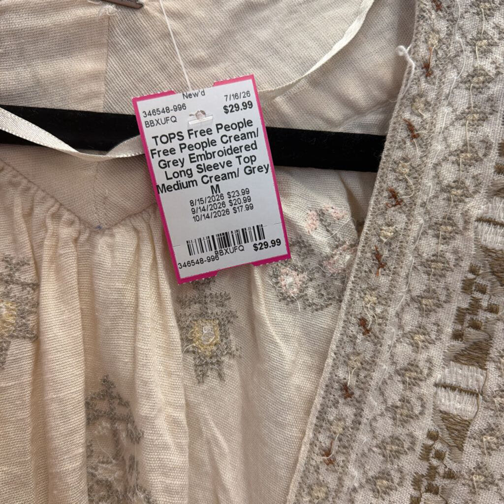 Free People Cream/ Grey Embroidered Long Sleeve Top Medium