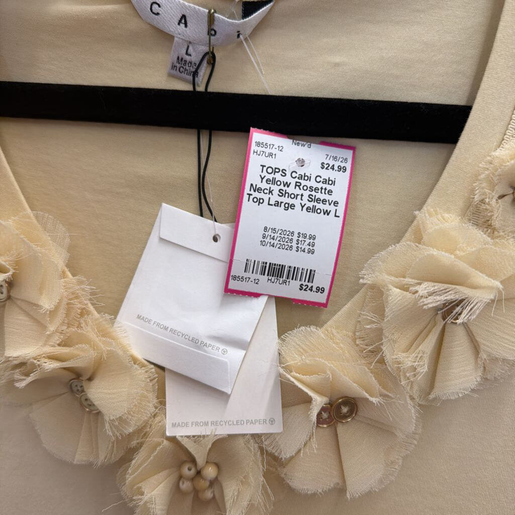 Cabi Yellow Rosette Neck Short Sleeve Top Large