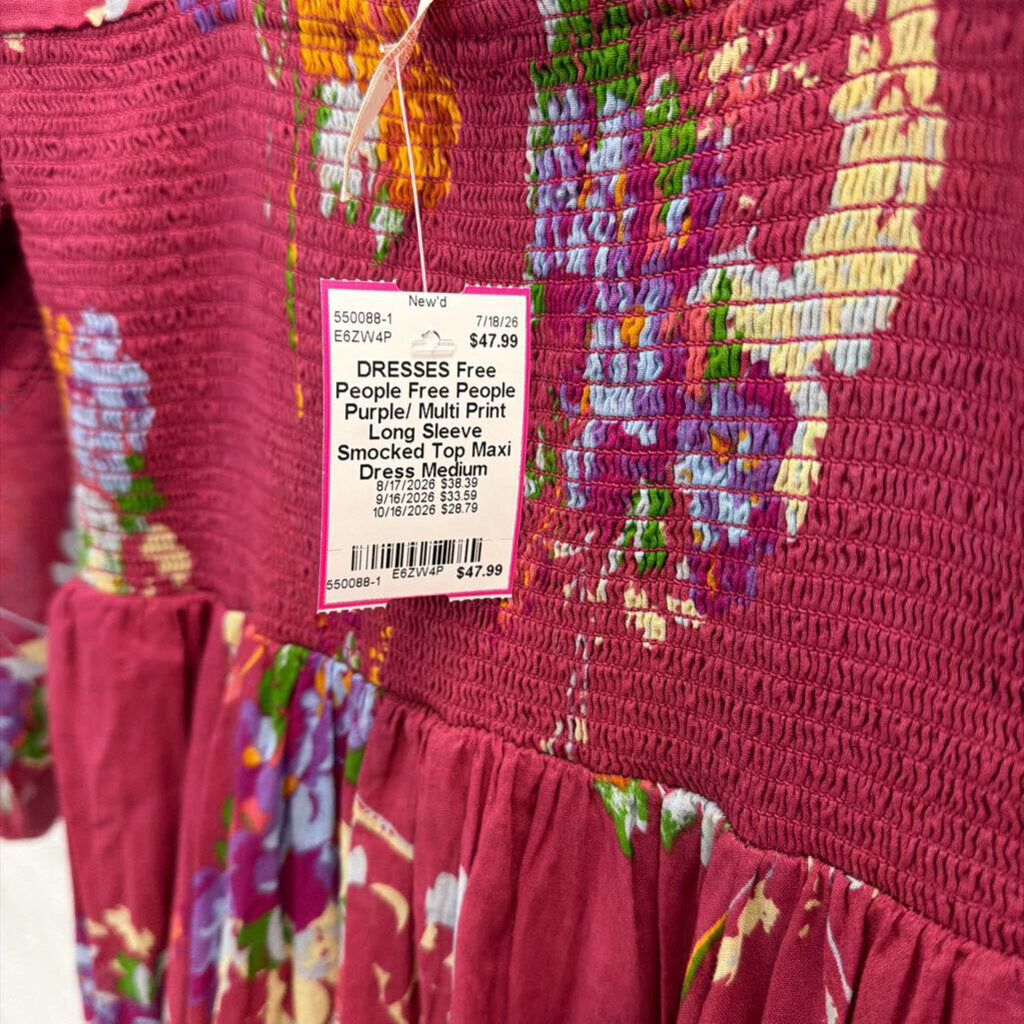 Free People Purple/ Multi Print Long Sleeve Smocked Top Maxi Dress Medium