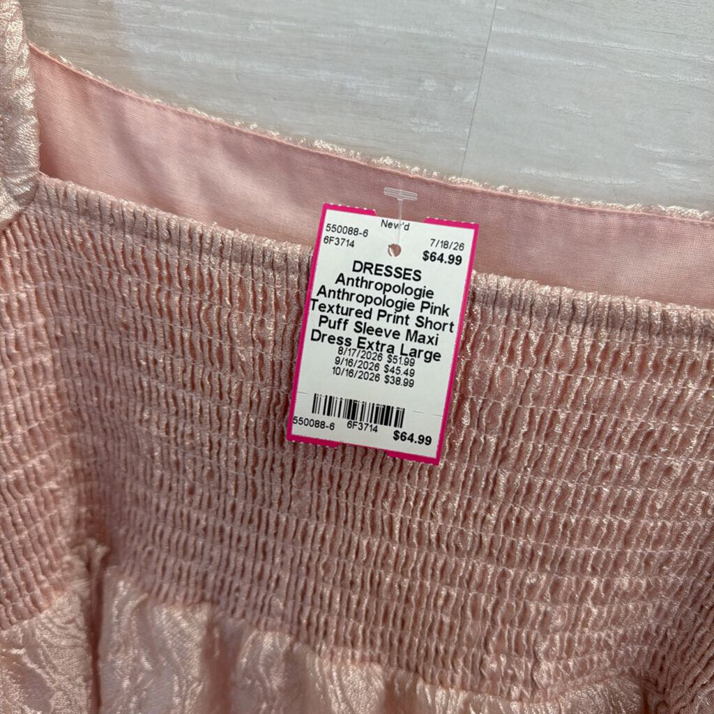 Anthropologie Pink Textured Print Short Puff Sleeve Maxi Dress Extra Large