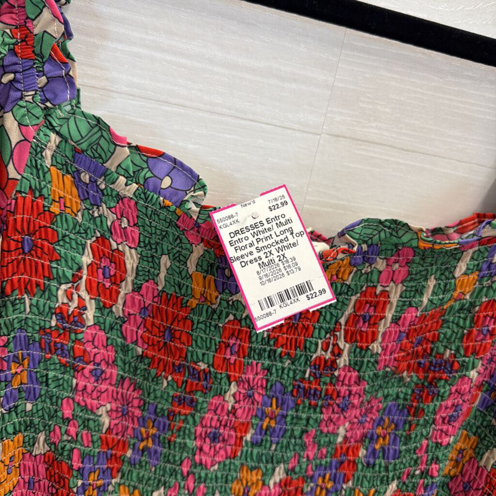 Entro White/ Multi Floral Print Long Sleeve Smocked Top Dress 2X