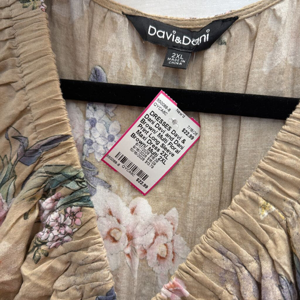 Davi and Dani Brown/ Multi Floral Print Long Sleeve Maxi Dress 2XL
