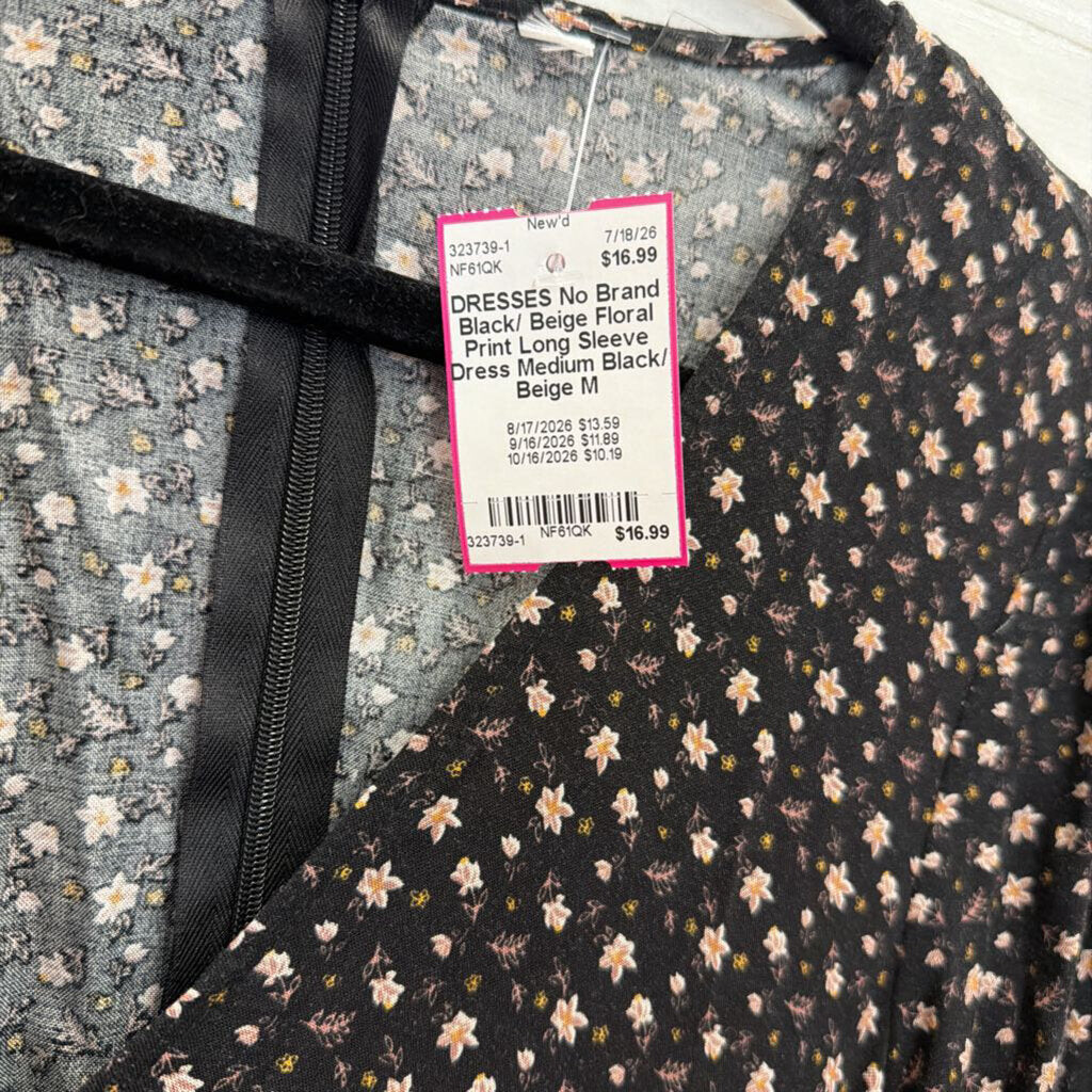 Black/ Beige Floral Print Long Sleeve Dress Medium