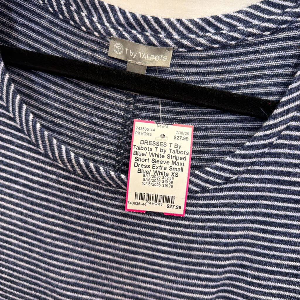 T by Talbots Blue/ White Striped Short Sleeve Maxi Dress Extra Small
