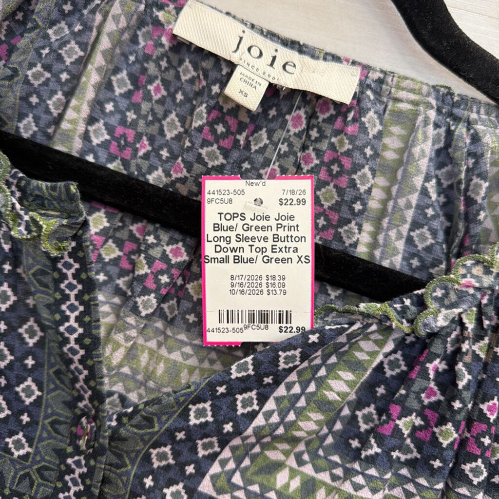 Joie Blue/ Green Print Long Sleeve Button Down Top Extra Small