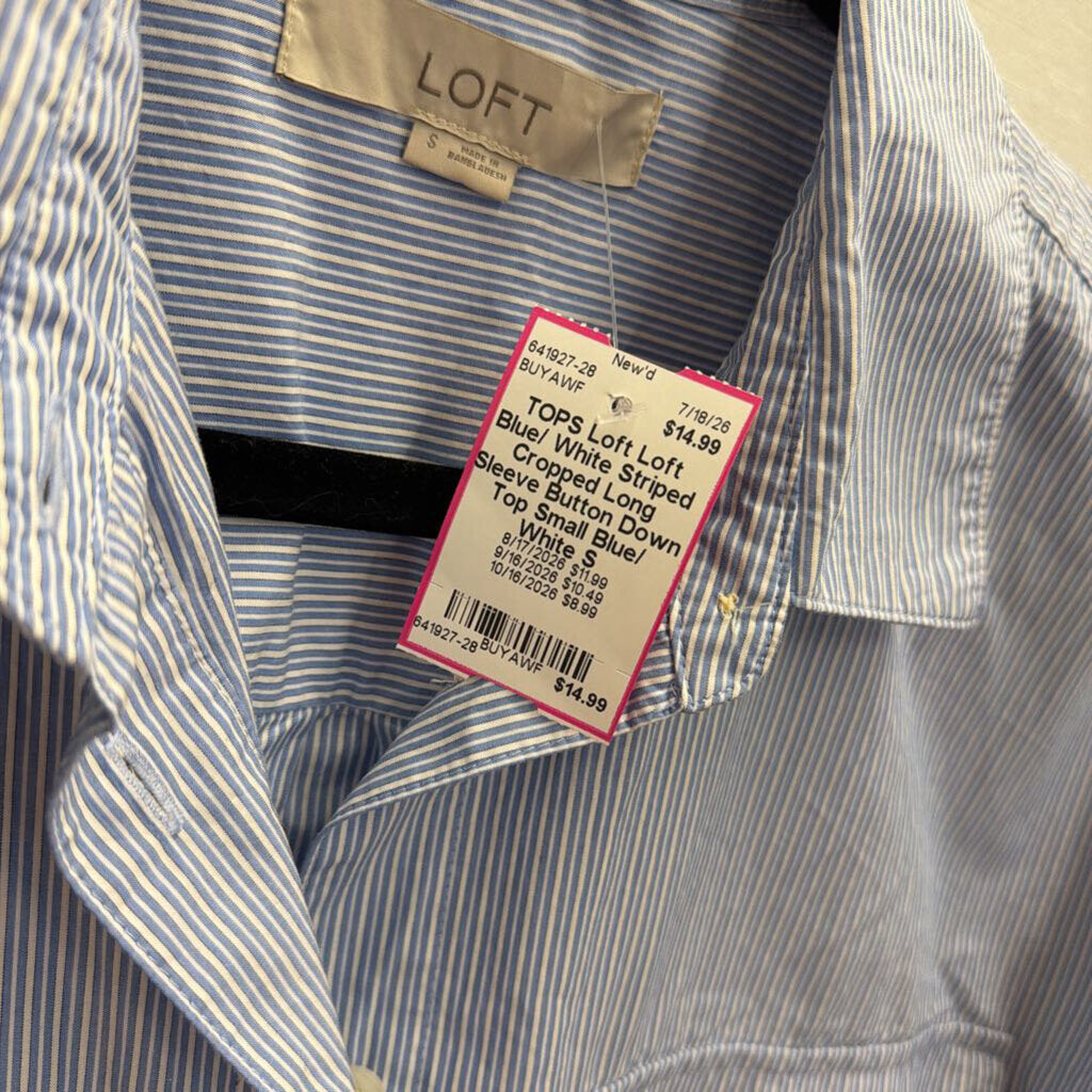 Loft Blue/ White Striped Cropped Long Sleeve Button Down Top Small