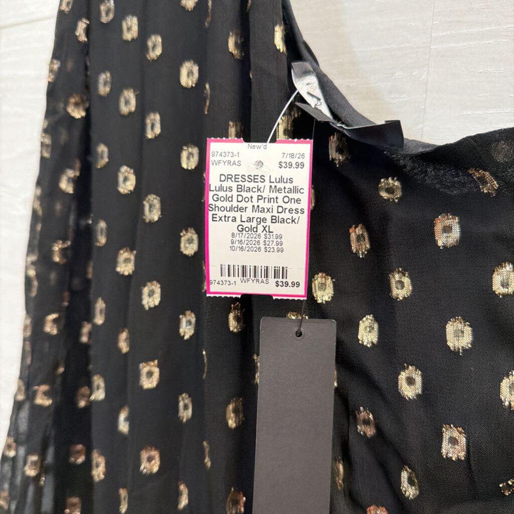 Lulus Black/ Metallic Gold Dot Print One Shoulder Maxi Dress Extra Large
