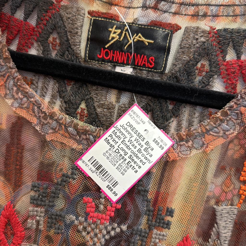 Biya Johnny Was Brown/ Multi Embroidered Print Long Sleeve Mesh Dress Extra Small