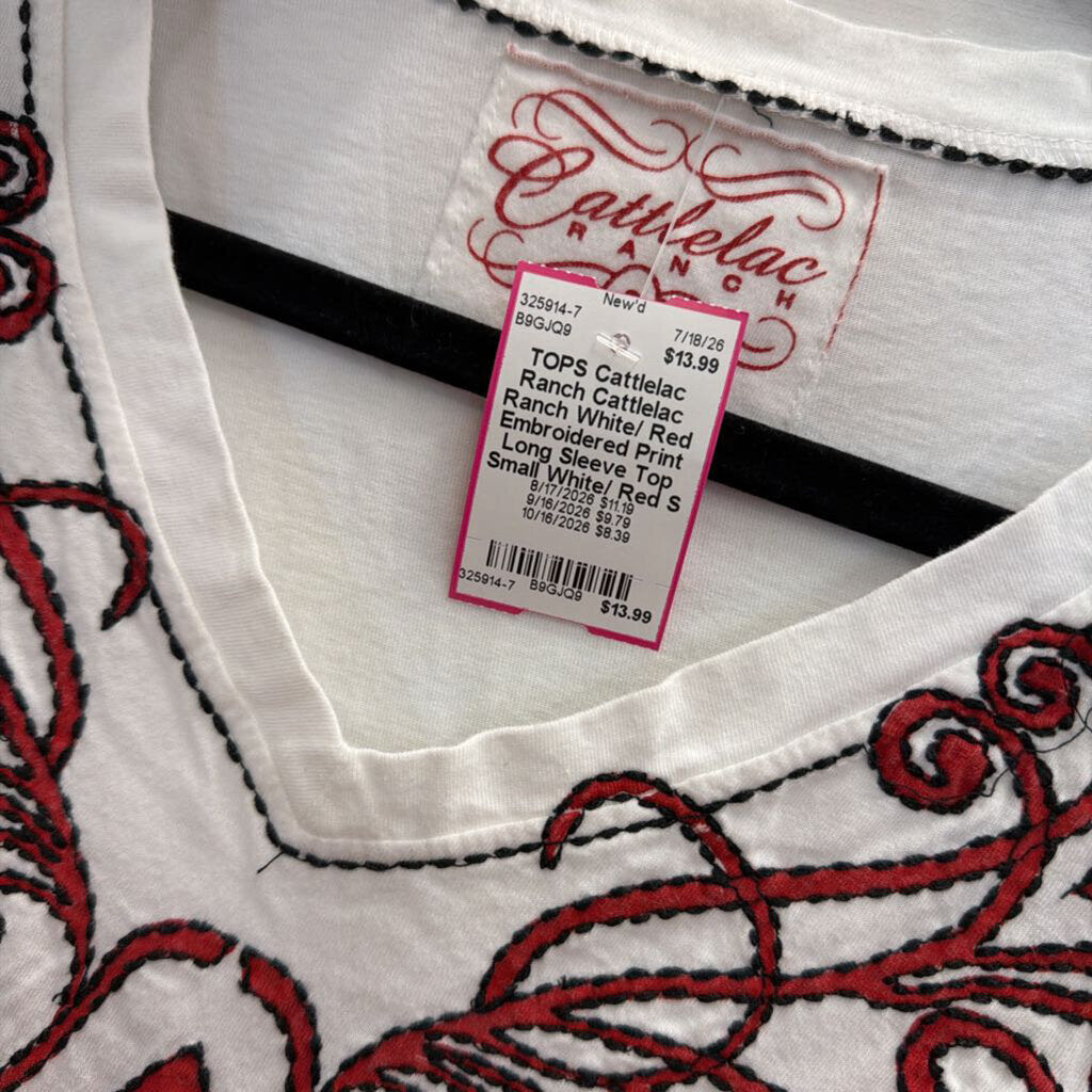 Cattlelac Ranch White/ Red Embroidered Print Long Sleeve Top Small