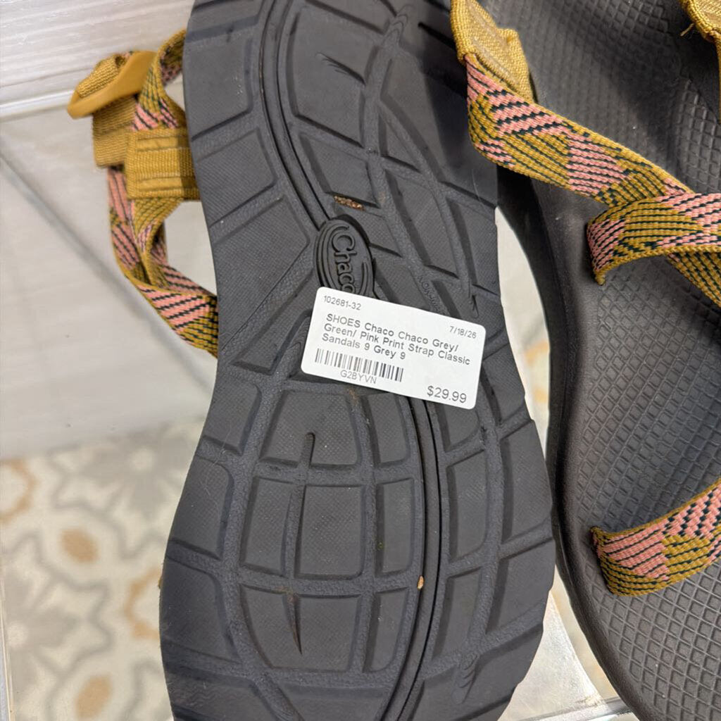 Chaco Grey/ Green/ Pink Print Strap Classic Sandals 9