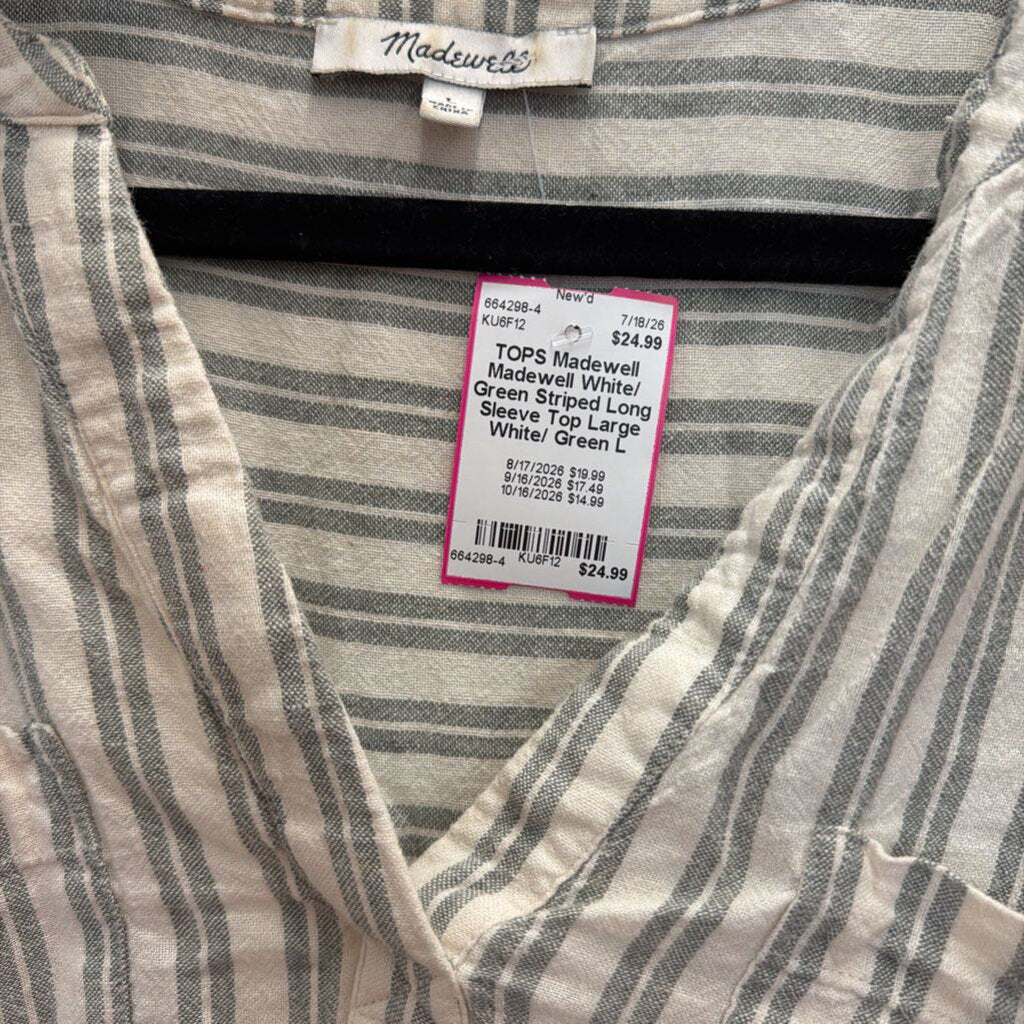Madewell White/ Green Striped Long Sleeve Top Large