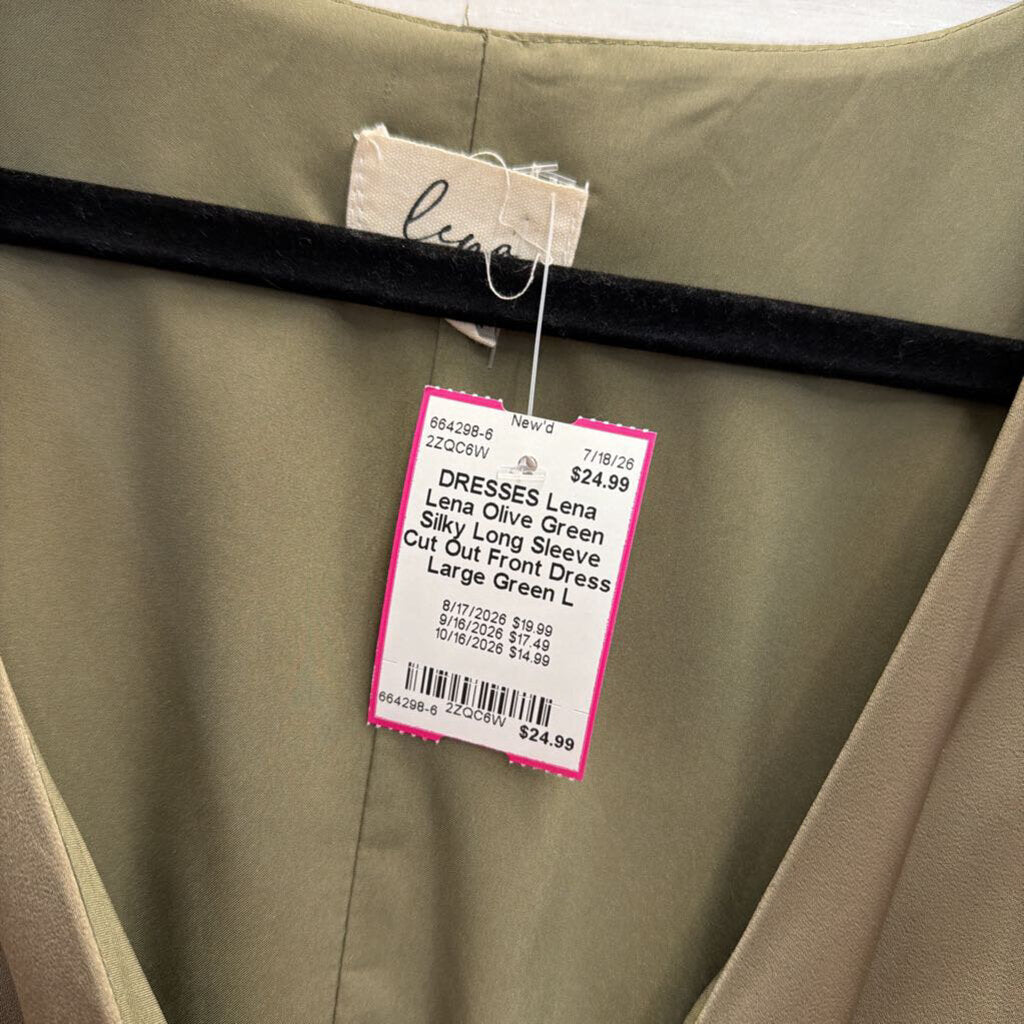 Lena Olive Green Silky Long Sleeve Cut Out Front Dress Large
