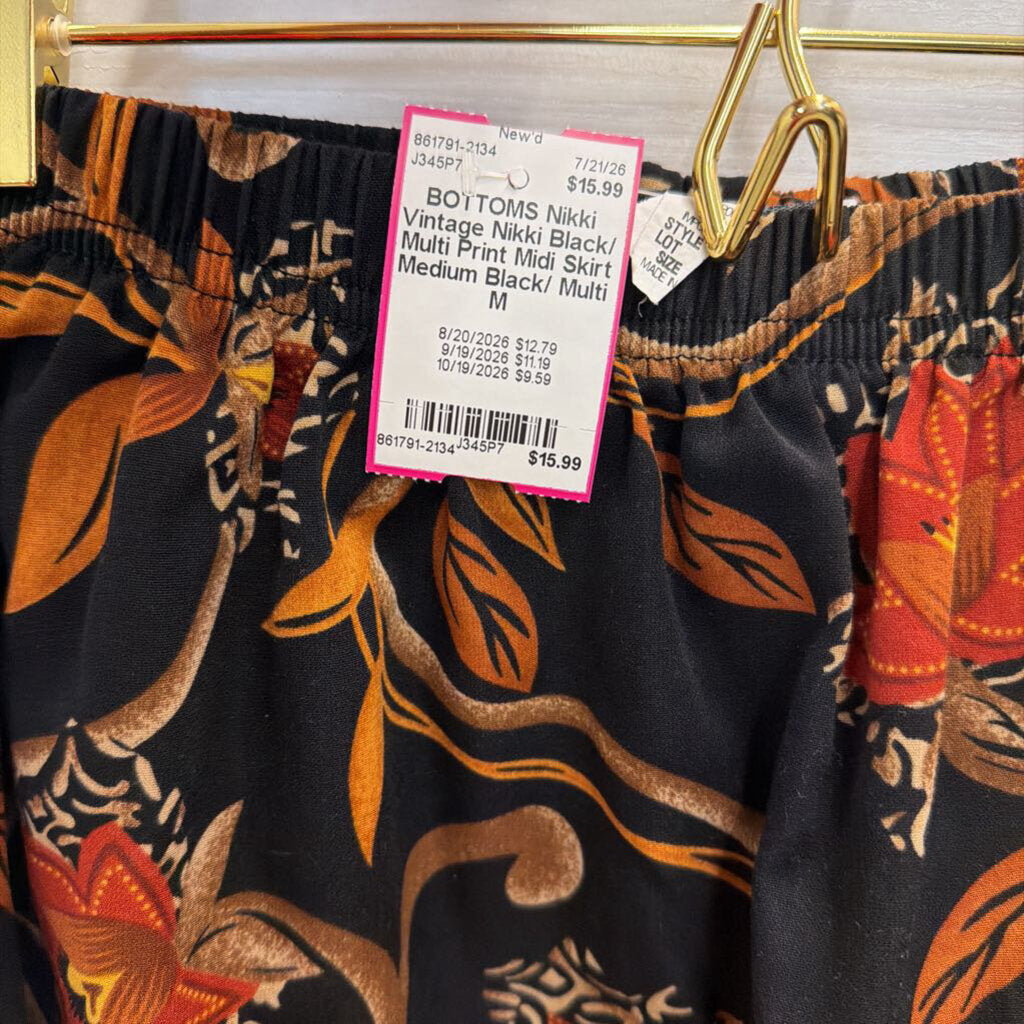 Vintage Nikki Black/ Multi Print Midi Skirt Medium