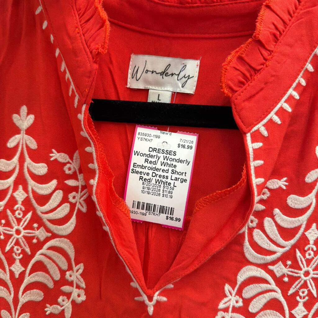 Wonderly Red/ White Embroidered Short Sleeve Dress Large