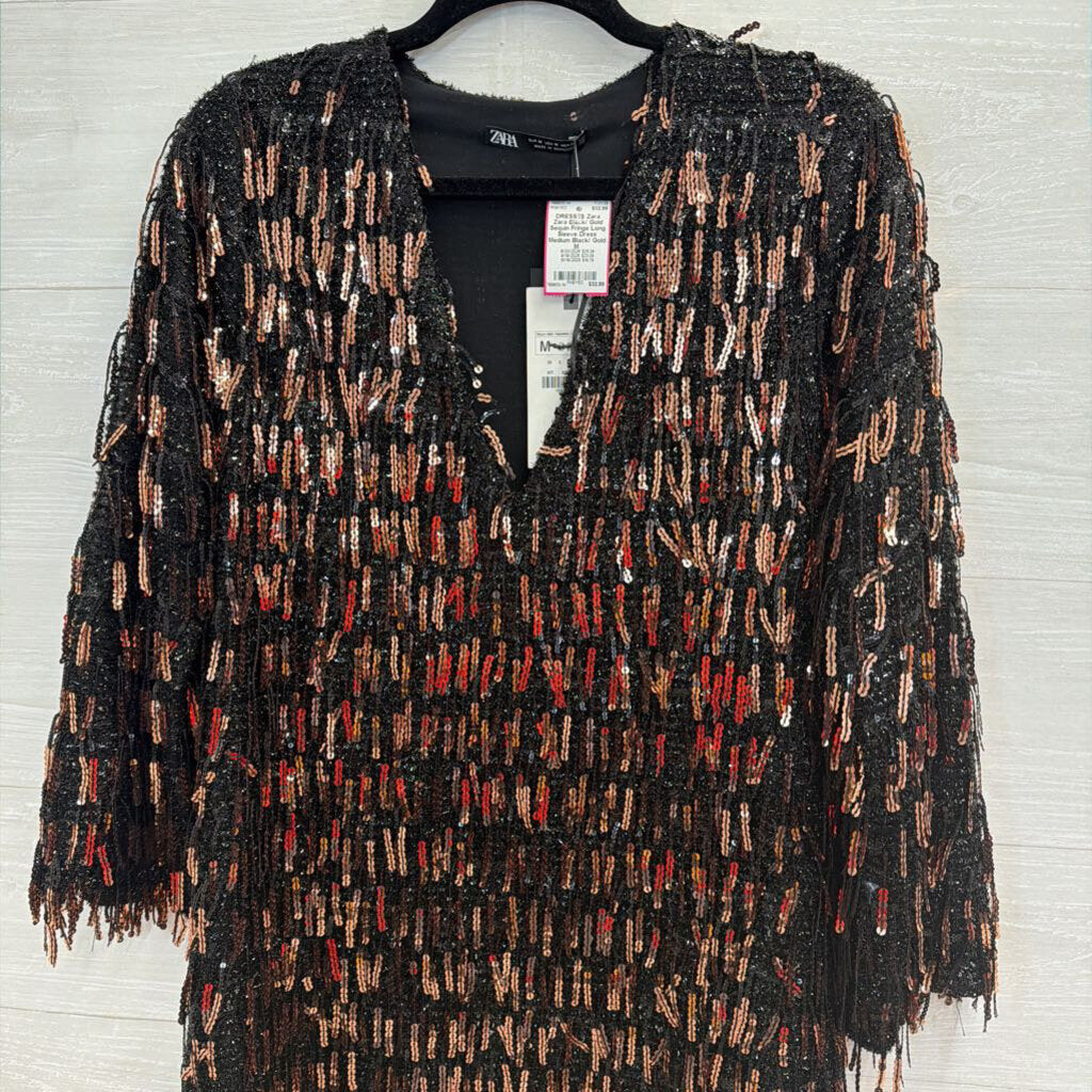 Zara Black/ Gold Sequin Fringe Long Sleeve Dress Medium