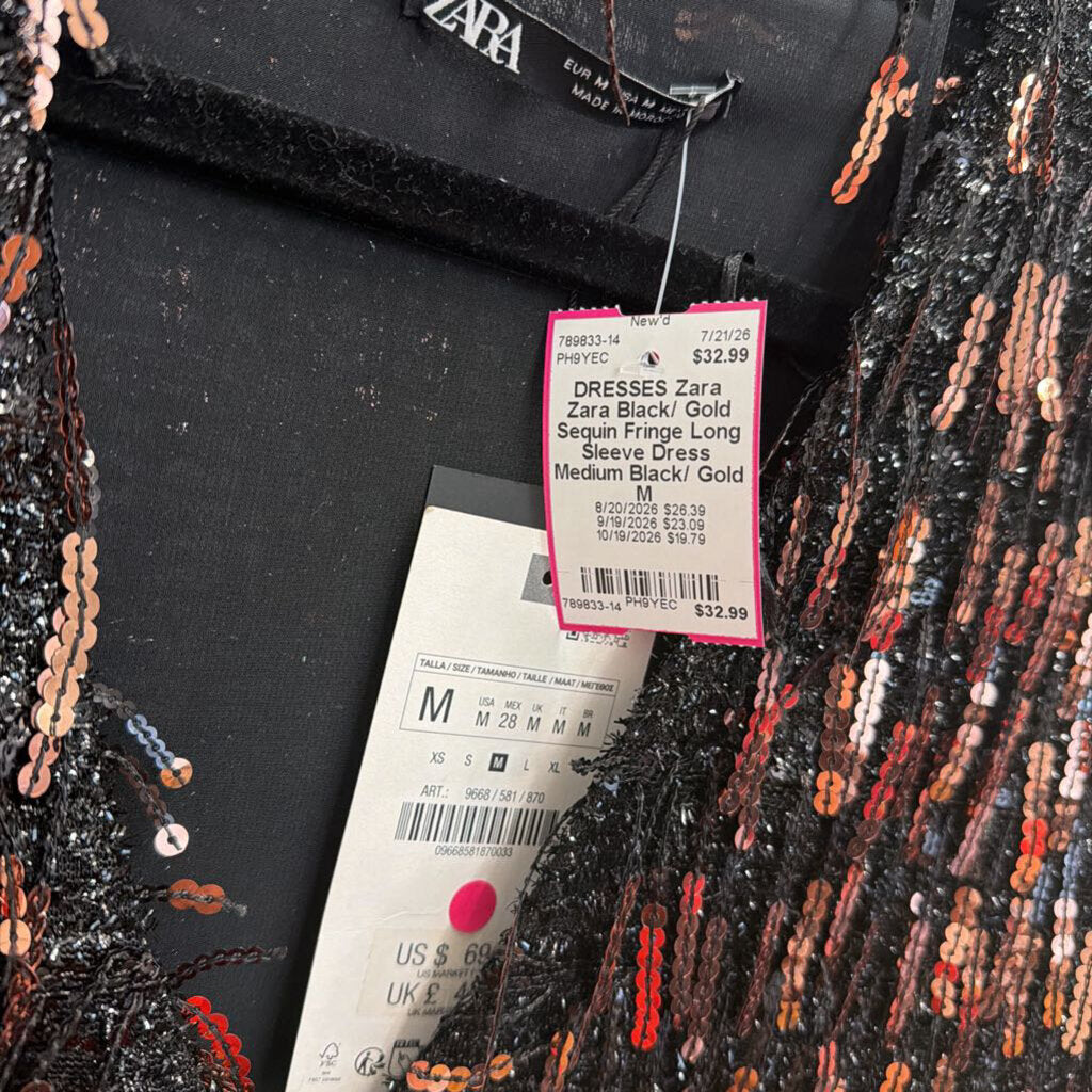 Zara Black/ Gold Sequin Fringe Long Sleeve Dress Medium