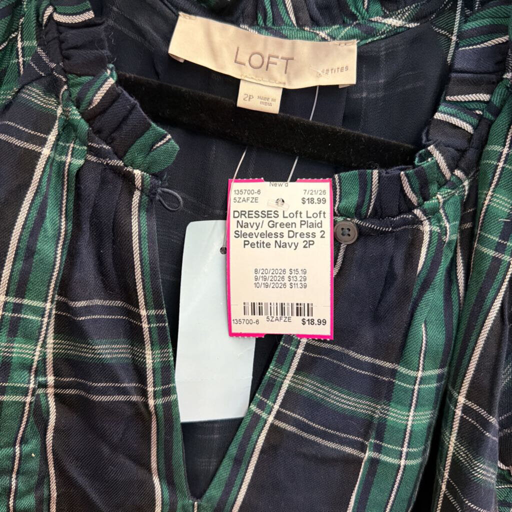 Loft Navy/ Green Plaid Sleeveless Dress 2 Petite