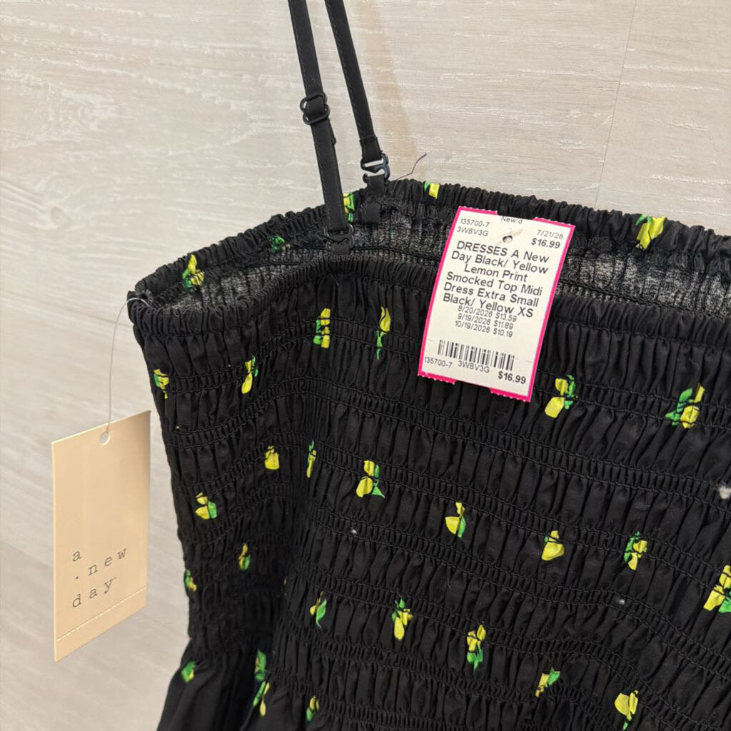 Black/ Yellow Lemon Print Smocked Top Midi Dress Extra Small