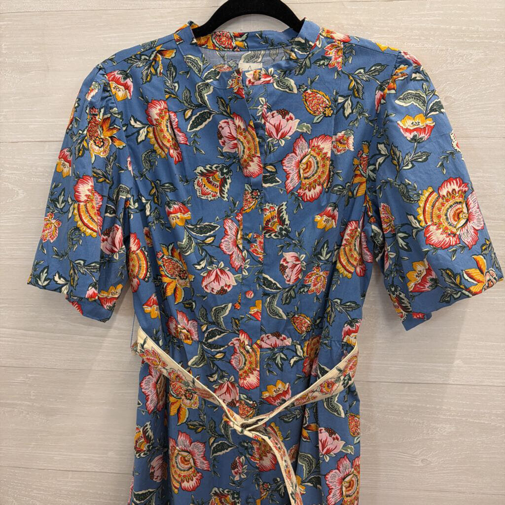 Joie Blue/ Multi Floral Print Short Puff Sleeve Belted Dress 8