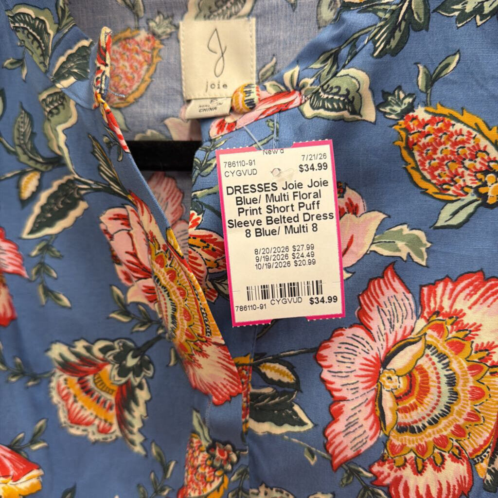 Joie Blue/ Multi Floral Print Short Puff Sleeve Belted Dress 8