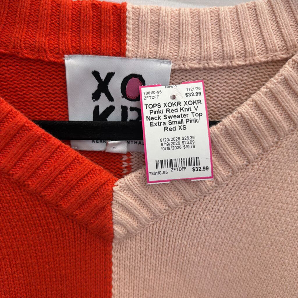 XOKR Pink/ Red Knit V Neck Sweater Top Extra Small
