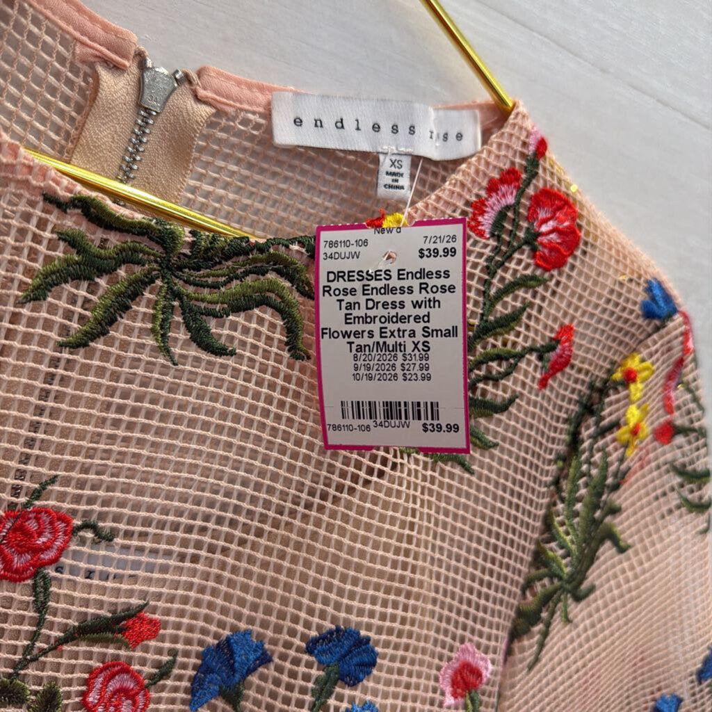 Endless Rose Tan Dress with Embroidered Flowers Extra Small