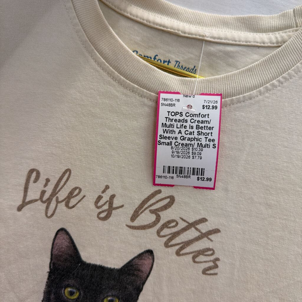 Cream/ Multi Life Is Better With A Cat Short Sleeve Graphic Tee Small