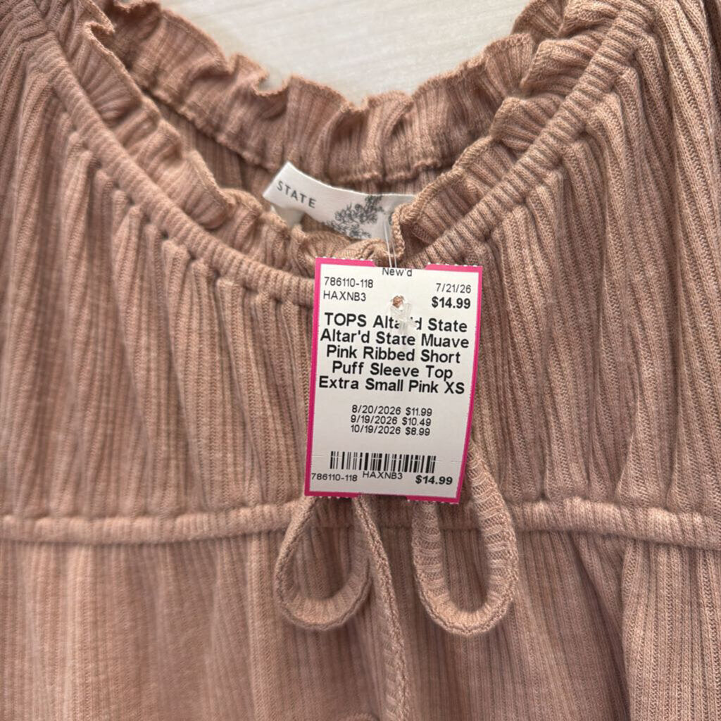 Altar'd State Muave Pink Ribbed Short Puff Sleeve Top Extra Small