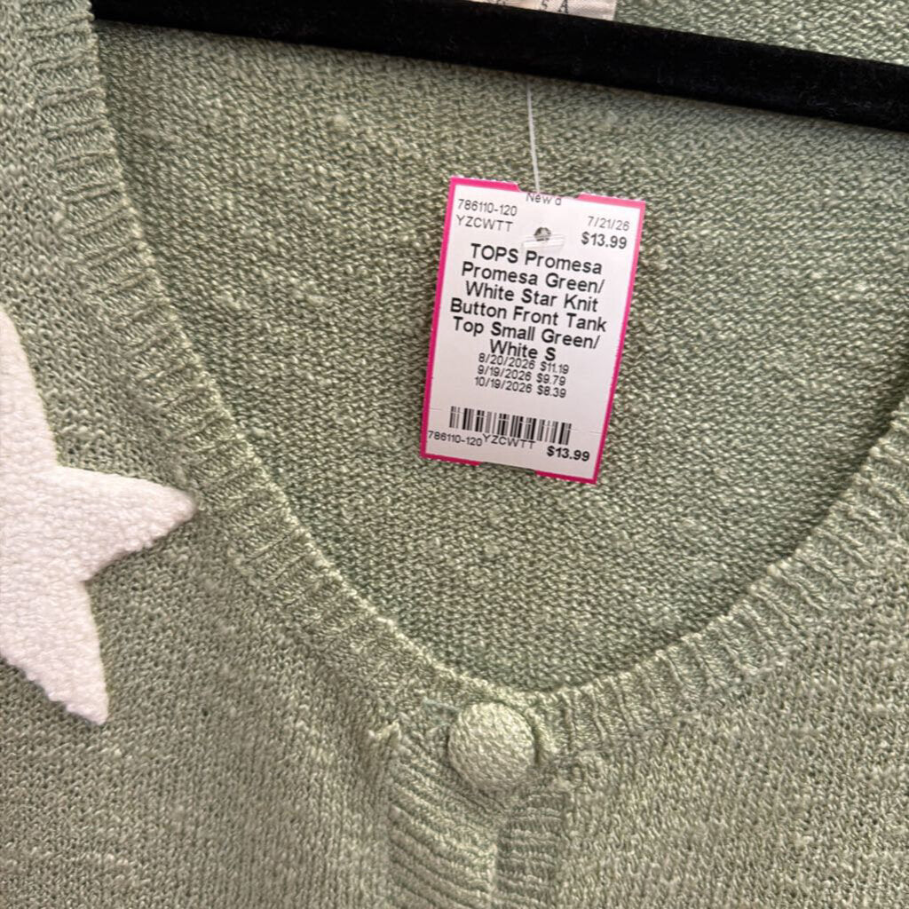 Promesa Green/ White Star Knit Button Front Tank Top Small