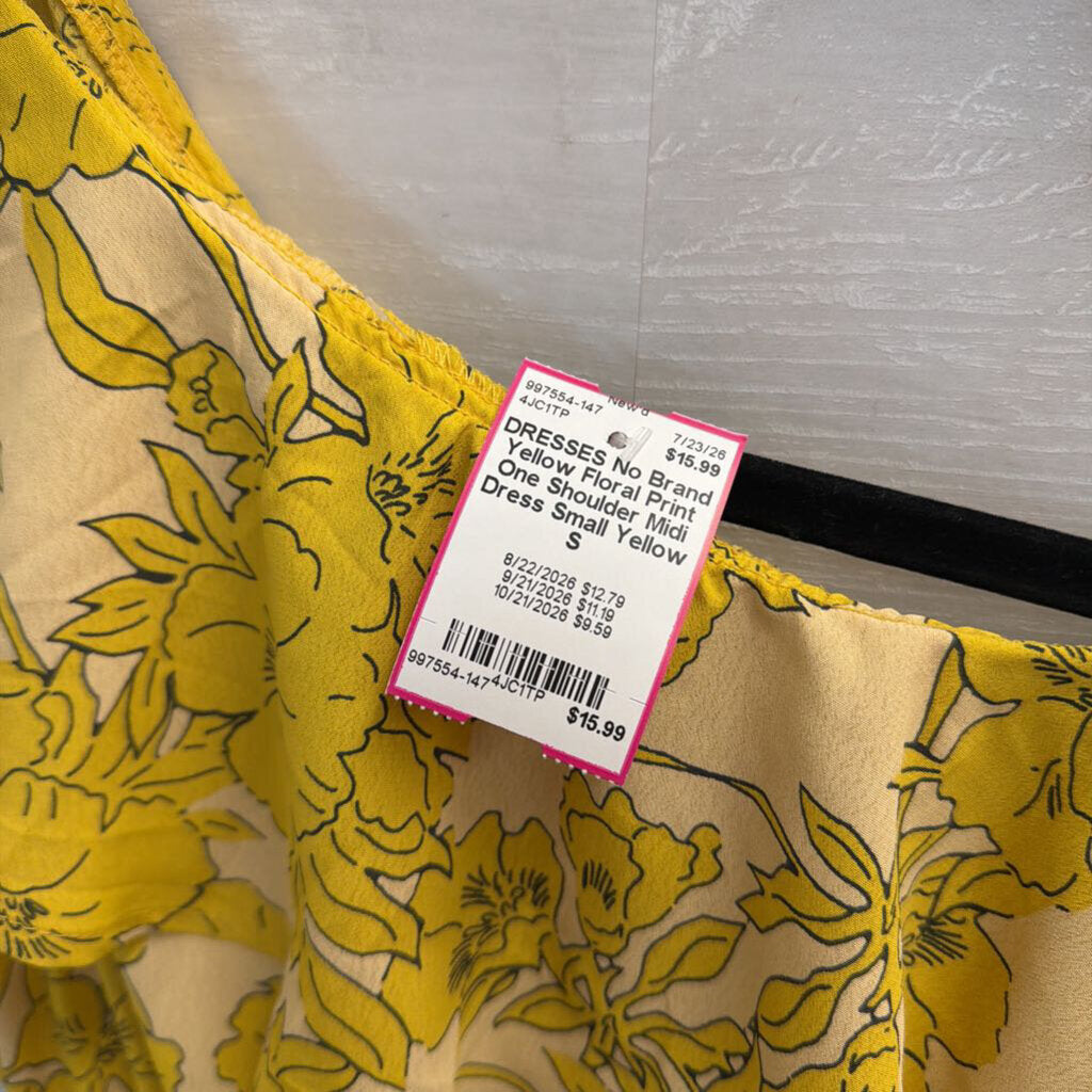 Yellow Floral Print One Shoulder Midi Dress Small
